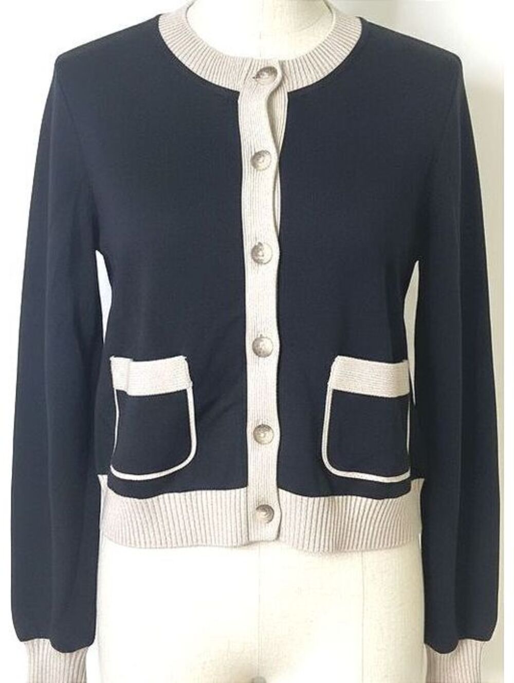 dh New York Black Beige Contrast Trim Button Cardigan Sweater Medium Parisian